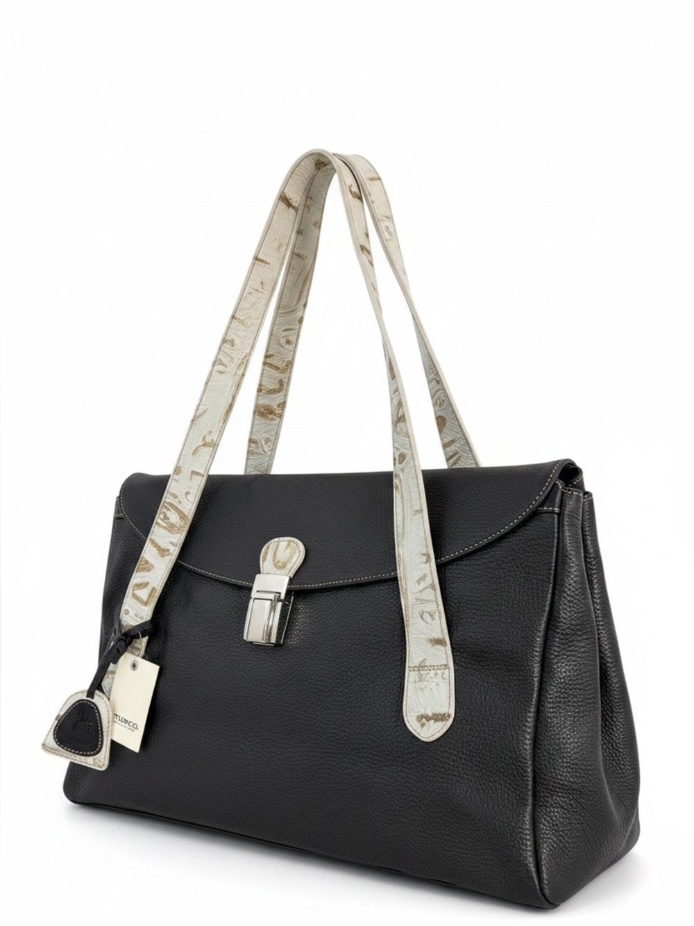 Petusco Black Leather Shoulder Bag with White Straps silver buckle brand new